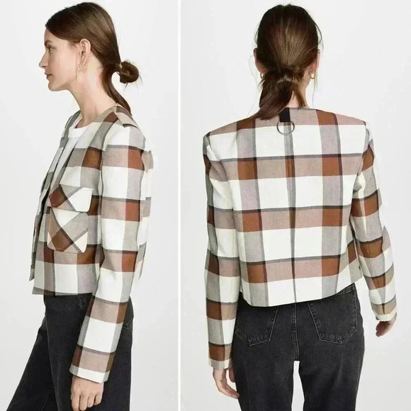 Tibi Dylan Plaid Cream Cropped Jacket Blazer in Ivory Camel Size 12 - Picture 6 of 16
